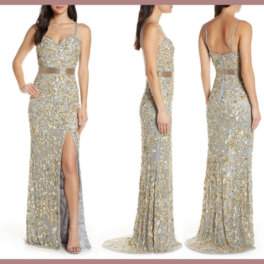 NWT $538 Mac Duggal‎ [ 4 ] Sequin Embellished High Slit Gown Platinum Gold